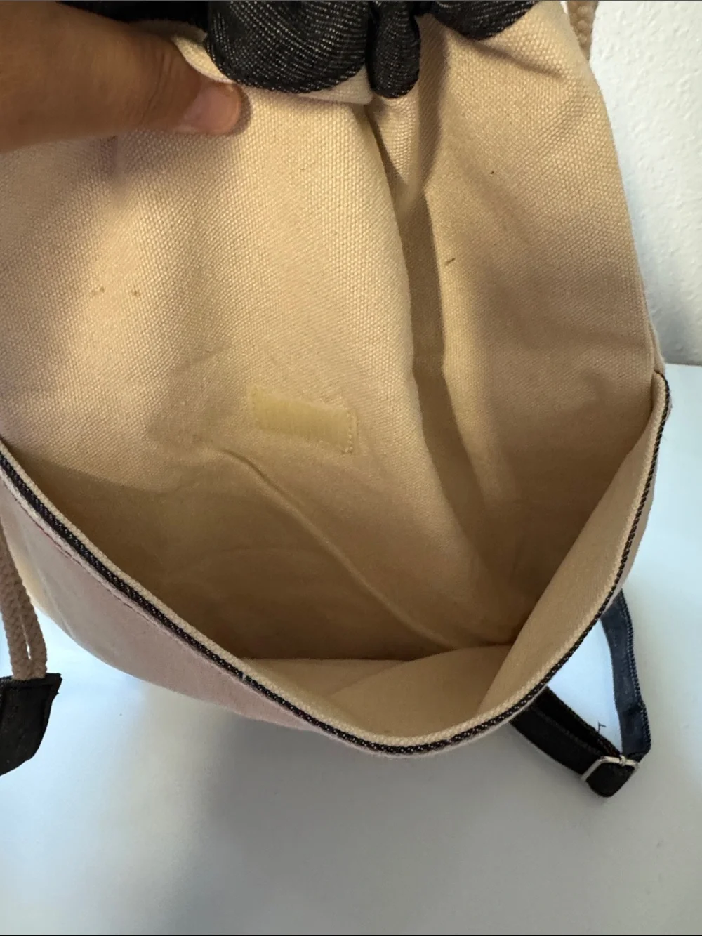 Cherokee Cream Canvas Drawstring Backpack with denim blue Trim VINTAGE